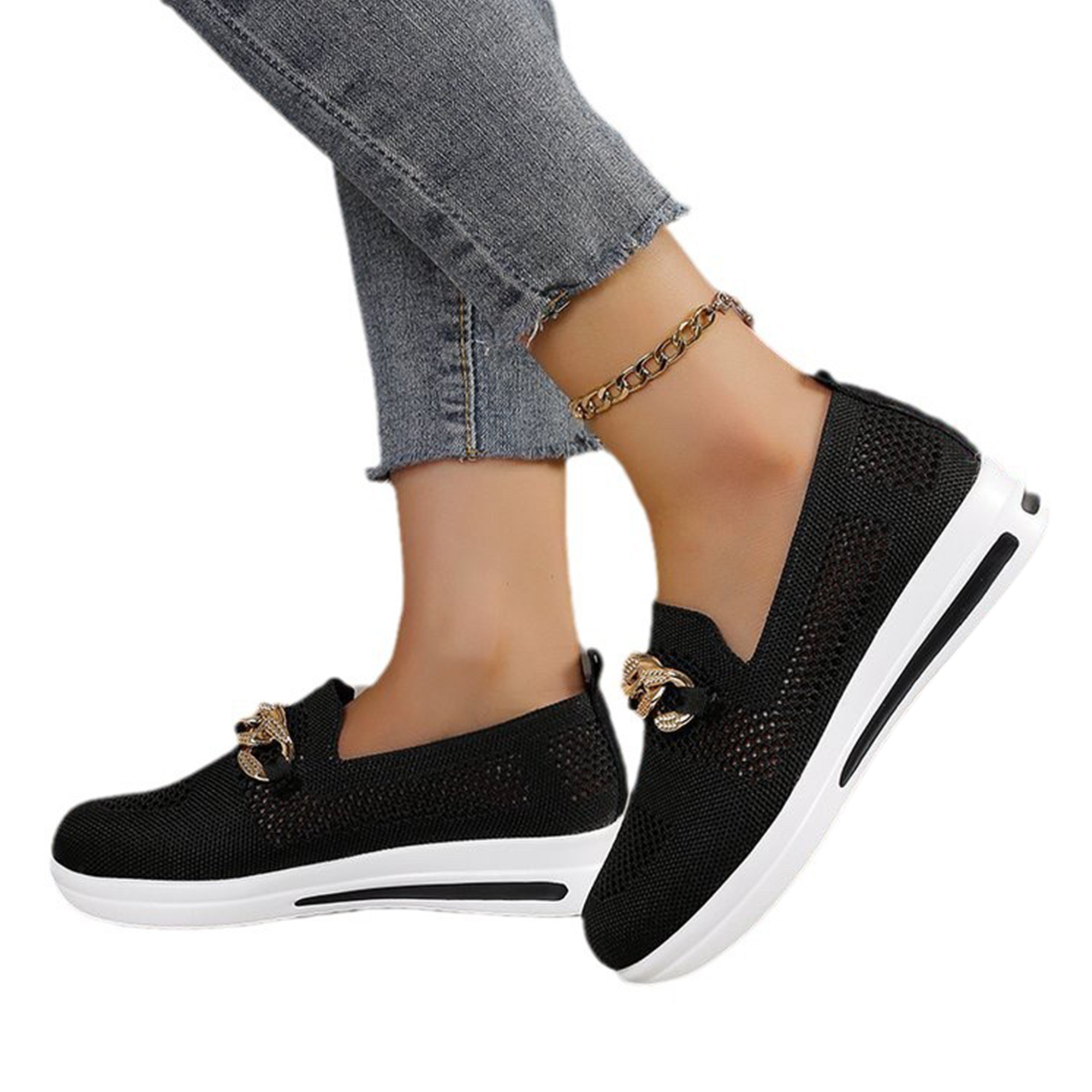 CAICJ98 Women'S Sneakers Women's Round Comfortable Casual Knitted Loafers Breathable Lightweight Slip on Walking Shoes,Black